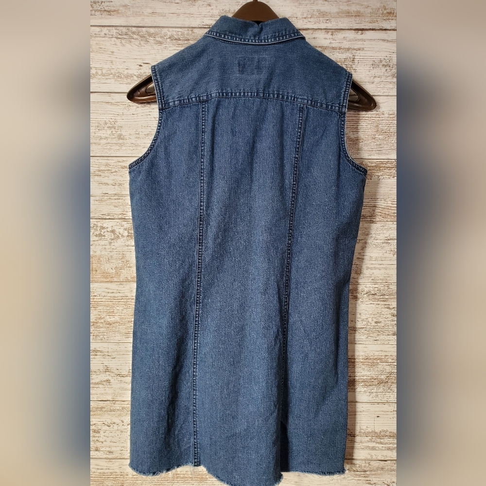 90s Vintage Cabela's Denim Mini Dress | Sleeveless Long Jean Tunic Vest - Picture 2 of 8